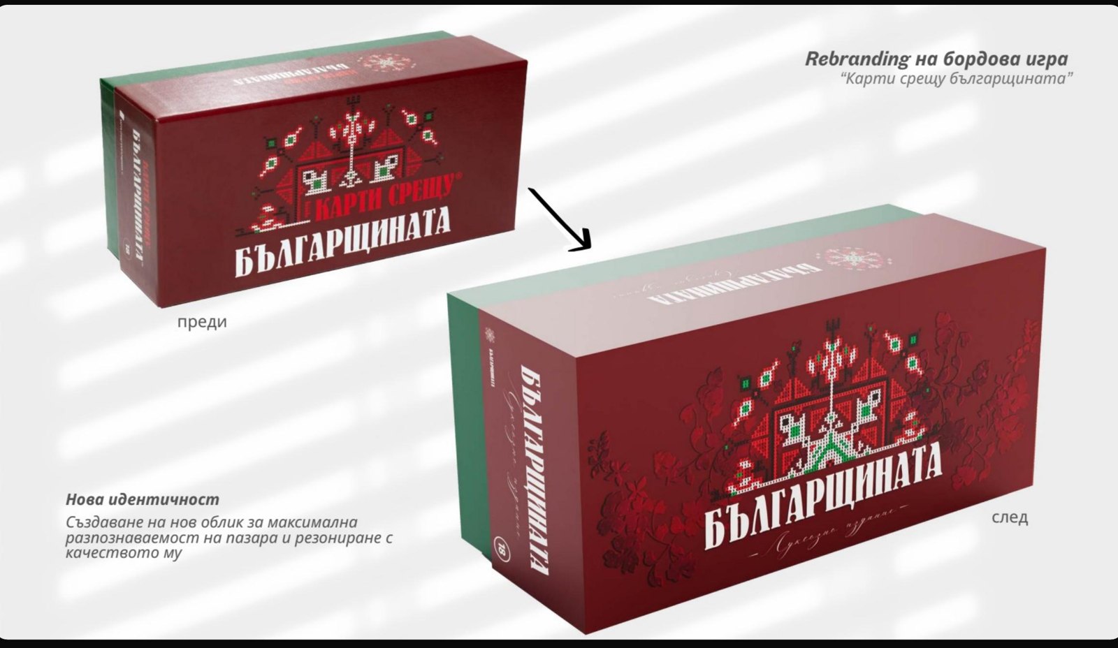 Българщината board game packaging — before and after rebranding
