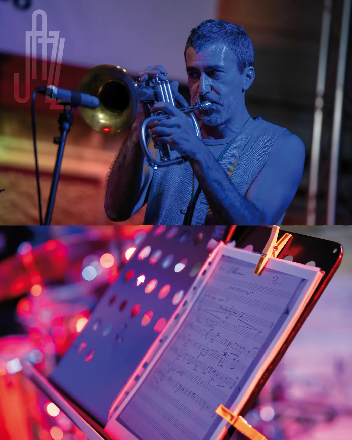 Festival photography post with a trumpeter and sheet music on stage