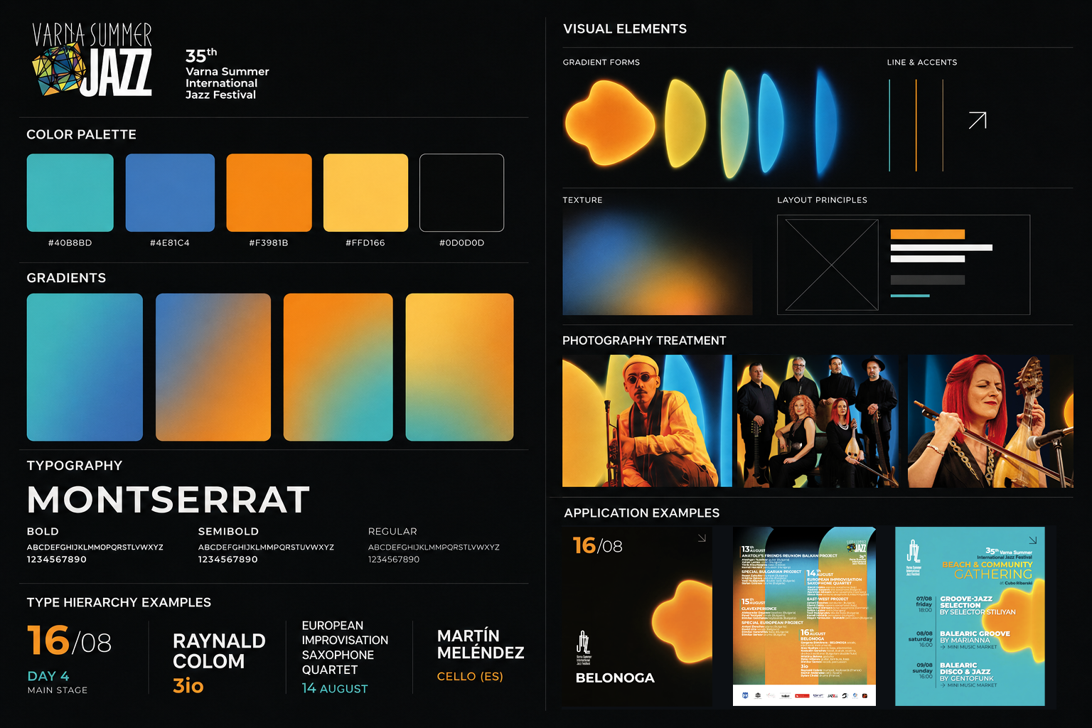Varna Summer Jazz Festival design system board with palette, gradients, typography, graphic forms, photography treatment and layout principles