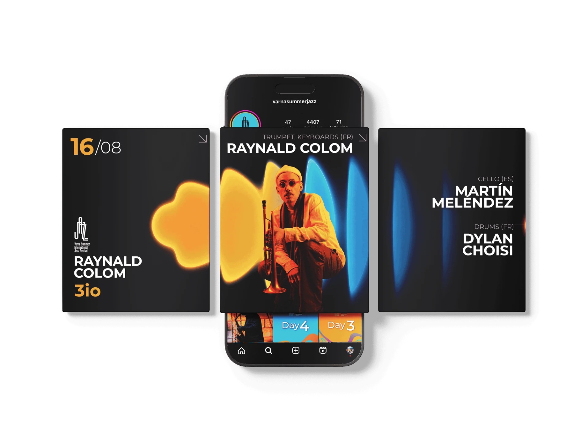 Varna Summer Jazz Festival social posts presented across boards and a phone screen