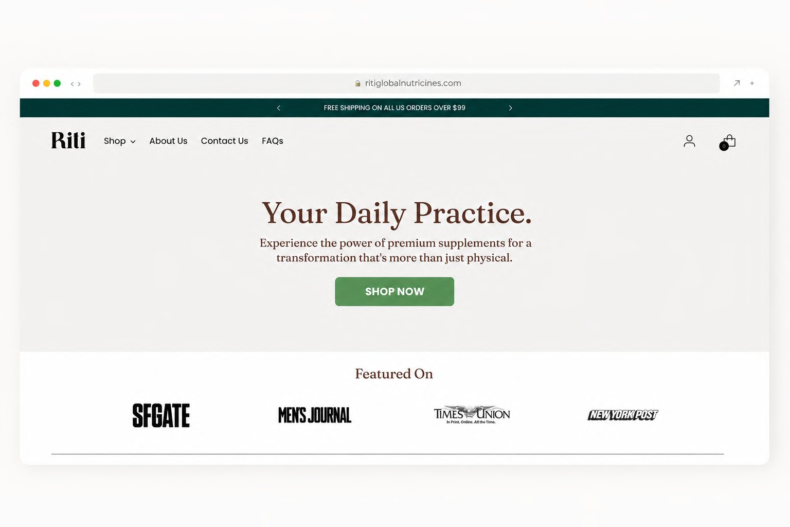 Original Riti landing page hero with centred text and secondary product image