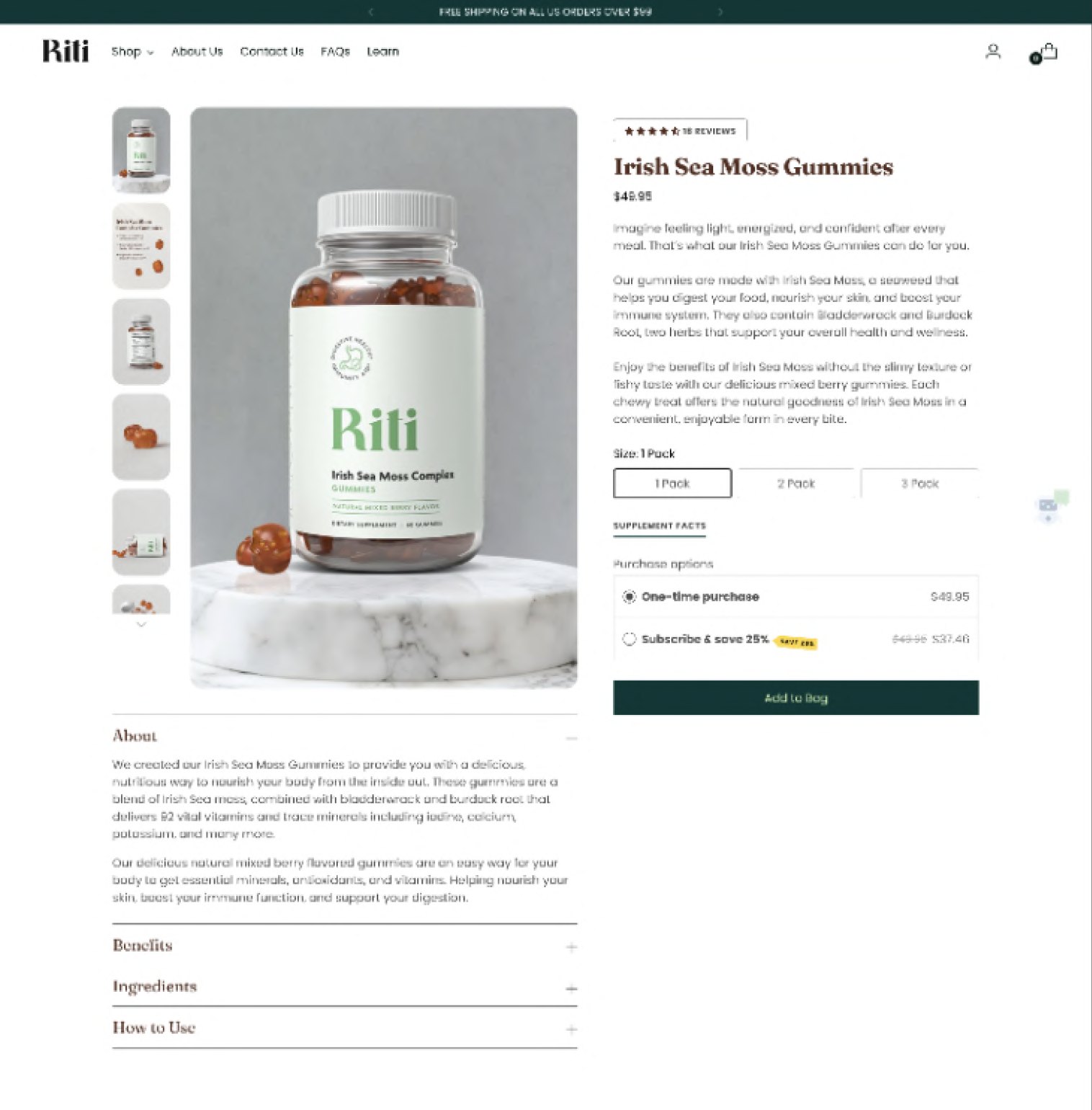 Original Riti product detail page with dense ingredient copy