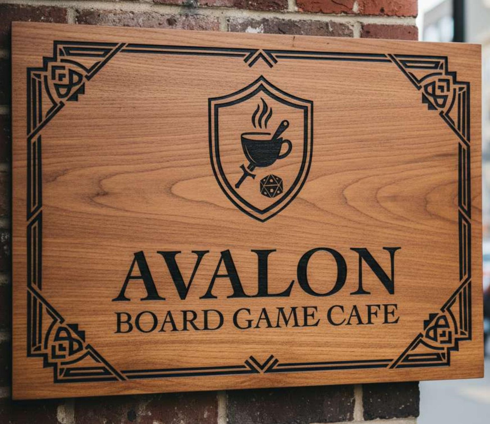 Engraved wooden sign for Avalon Board Game Cafe in Varna